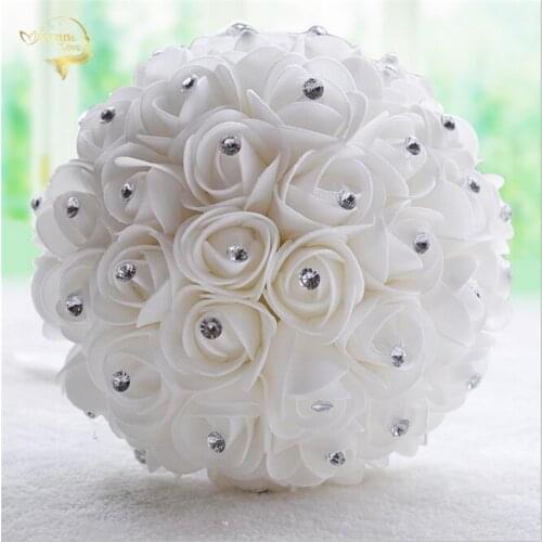 2018 Beautiful White Ivory Bridal Bridesmaid Flower Wedding Bouquet Artificial Flower Rose Bouquet Crystal Bridal Bouquets WP004