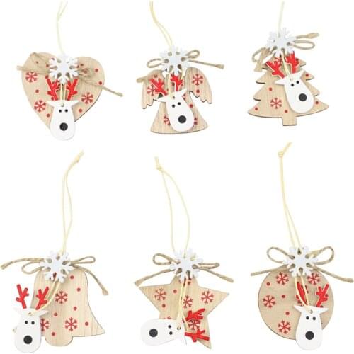 6pcs Natural Christmas Wood Hanging Ornament Cutout Xmas Pendant DIY Wooden Embellishment Party Ornament with Rope