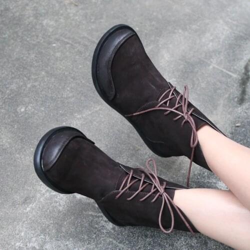 Original 2019 New Cowhide Ankle Boots Genuine Leather Handmade Womens Boots Round Toe Big Toe Low Heels Strap Comfortable Shoes