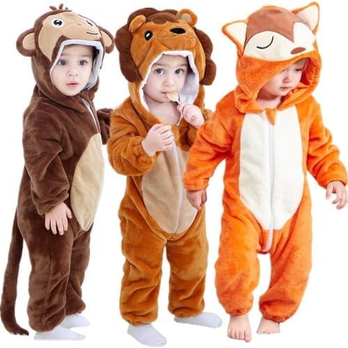 Baby Animal Romper Fox/lion/tiger Hooded Flannel Costume Newborn Cosplay Romper Winter Warm Pajamas