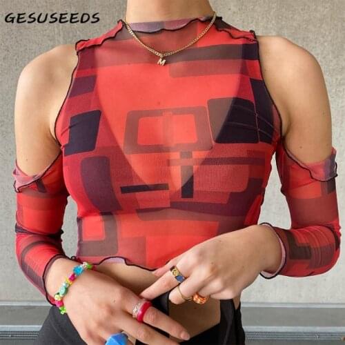 Sexy t shirt women long sleeve shirts summer off shoulder top fashion print t shirt korean cropped t shirt mesh streetwear red