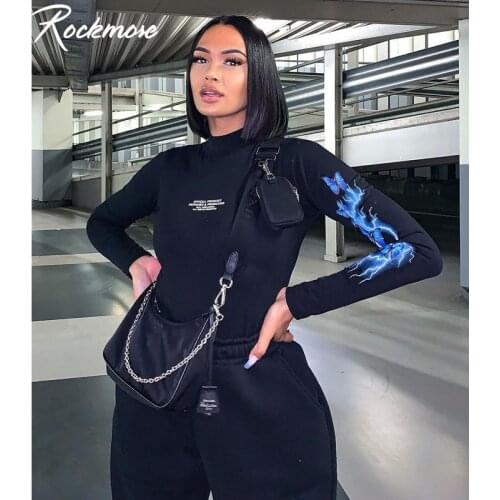 Rockmore Gothic Butterfly Lightning Print Joggers T-Shirt Womens Turtleneck Long Sleeve Tops Tees Streetwear Bodycon T Shirt