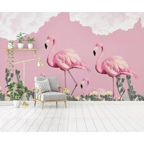Customized large-scale 3D mural wallpaper Nordic simple small fresh flamingo cactus romantic mural decoration painting