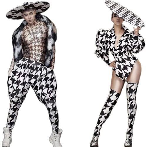 Plaid Pattern Printing Houndstooth Pant Suits Sets Nightclub Dance Show Wear Women/Men Bar Show Stage Outfit Uniform Costumes