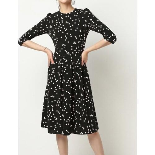 LOGAMI Dot Print Dresses for Womens O Neck A-line Dress Women Knee Length Party Dress