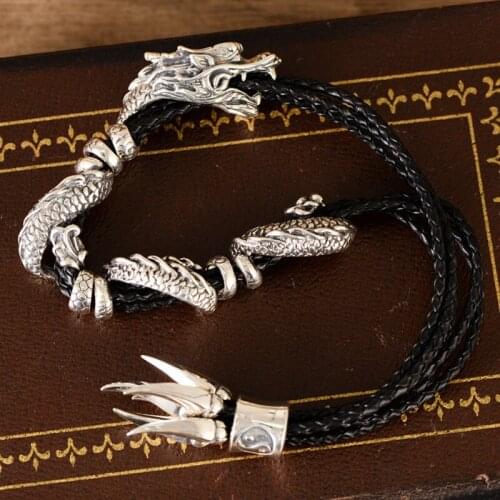 MeibaPJ Real S925 Sterling Silver Exaggerated Personality Domineering Dragon Leather Rope Bracelet Exquisite Party Jewelry