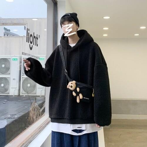 2021 Mens Send Bear Bag Two Piece Fleece Hoodies Thicken Keep Warm Pullover Loose Cotton Casual Coats Solid Color Sweatshirts