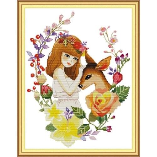 Girl and Deer Cartoon Pattern Counting Cross Stitch Kit 11CT Printing 14CT Cross Stitch Set Chinese Embroidery Kit Needlework