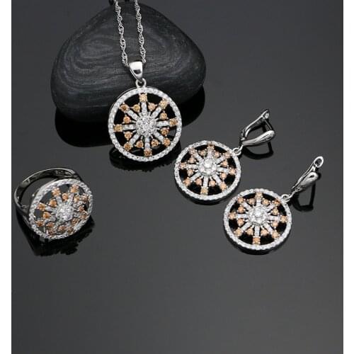 Champagne Cubic Zirconia Silver 925 Jewelry Sets For Women Engagement Accessories Earrings/Rings/Pendant/Ladyies Necklace Set