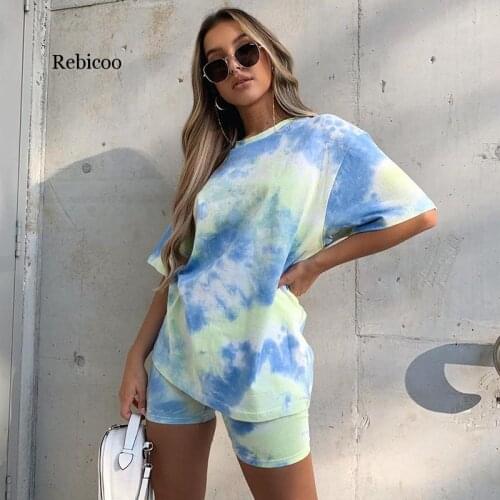 New Summer Fashion Casual Patchwork Print O Neck Loose Slim T-shirt Short Suit Women
