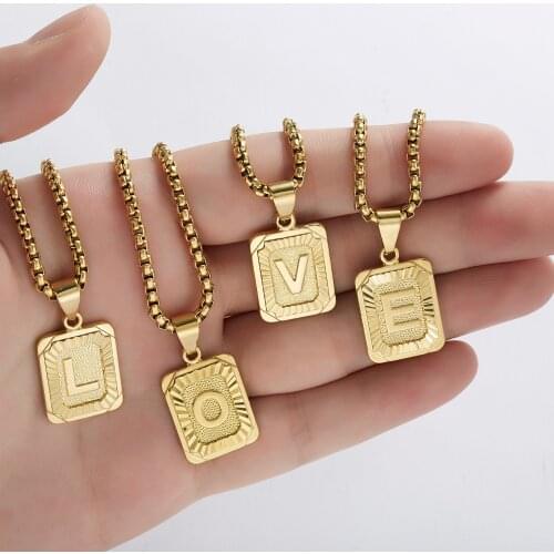A-Z Initials Alphabet Necklace Unisex Gold Color Square Pendant Letter Necklace For Women Men Best Friend Jewelry Gifts