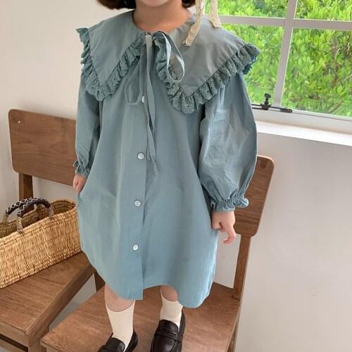Girls Lapel Dress Long Sleeved Kids Aline Dresses New Style for Autumn and Winter Childrens Ruffles Collar Shirt Dress