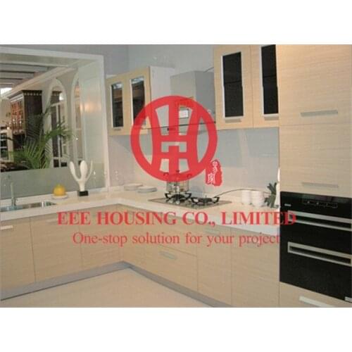 Customized modern laminated wood grain color kitchen cabinet with excellent design and quality MOQ is 1 set & sipping by sea