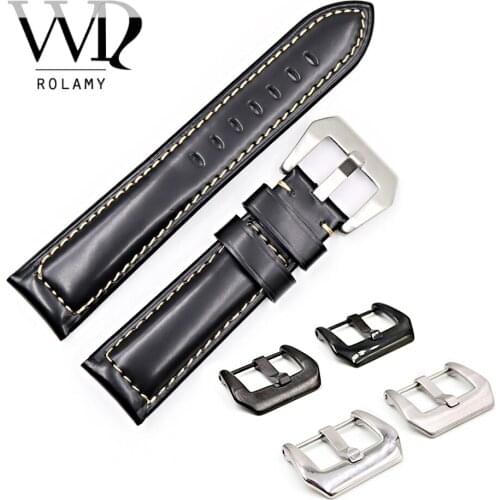 Rolamy 22 24 26mm Black Smooth Real Leather Handmade Thick Replacement Wrist Watch Band Strap Belt With Pre-V Screw Buckle