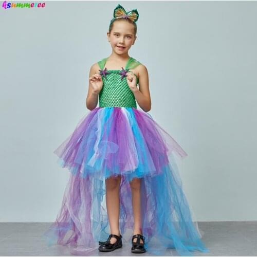 Girl Mermaid Costume Tutu Dress Siren Mermaid Dress with Trail Under the Sea Starfish Children Birthday Dress Pageant Ball Gowns