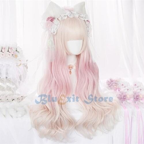 Gradient Beige Pink Lolita Wig Harajuku Fairy Cute Long Synthetic Hair Adult Curly Wavy Sweet Girls Youtuber Daily Wear 501