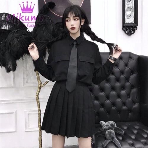 Harajuku Women Blouses Punk Streetwear Black Casual Gothic Blouse Student Long Sleeve Loose Turn Down Collar Shirt Tops