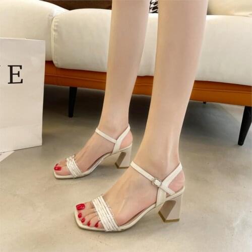 Womens High Heels Sandals Braided Leather Women Buckle Strap Narrow Thick Heel Female Solid Open Toe Ladies 2021 Summer Fashion