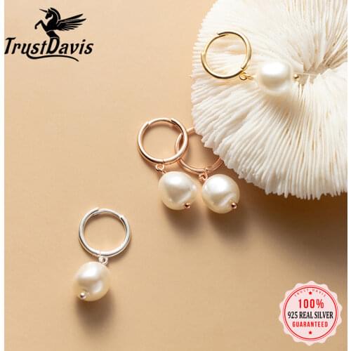 TrustDavis Real 925 Sterling Silver Sweet Baroque Pearl leaves Hoop Earring For Women Wedding Party Fine Jewelry Gift DB1343