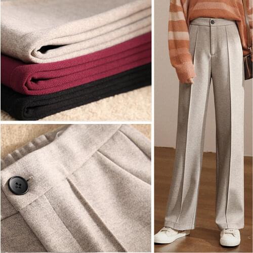 2021 Autumn Winter Women Woolen Wide Leg Pants Female Solid High Waist Woolen Trousers Lady Button Thickened Office Pants K546
