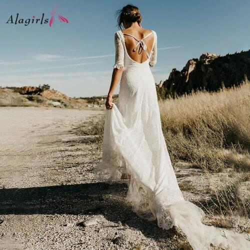 Sexy Backless Mermaid Wedding Dress V Neck Half Sleeves Beach Wedding Dresses Boho Long Train Beach Robe de mariee