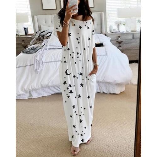 2020 Women Elegant Casual Maxi O Neck Loose Summer Beach Dress Female Short Sleeve Stars Print Casual Dress with Pocket