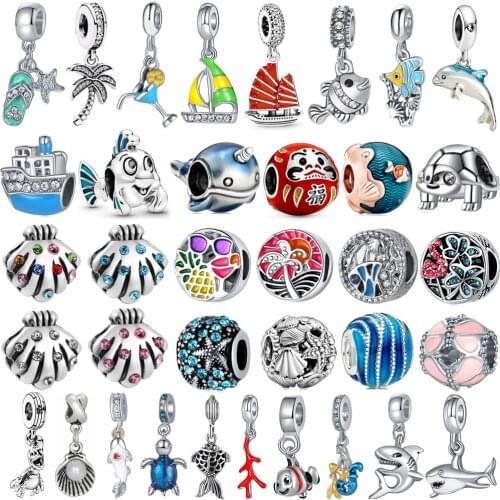 New Beach Ocean Series Dolphin Turtle Shark Boat Charm Beads Suitable for Pandora Bracelet Necklace DIY Jewelry Making Gifts