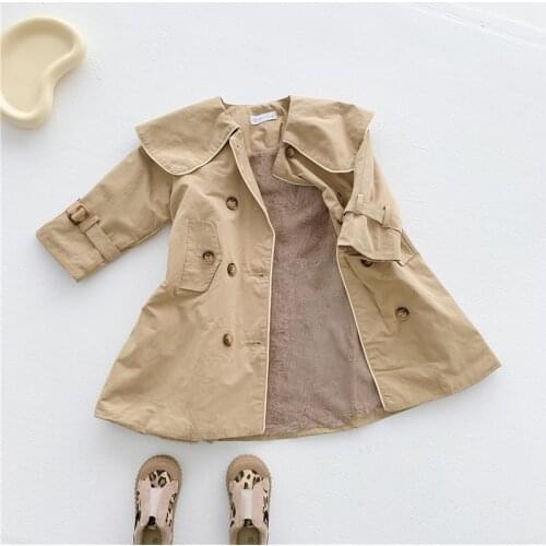DFXD England Style Winter Toddler Kids Girl Long Fleece Khaki Windbreaker Jacket New Inside Faux Fur Double Breasted Trench Coat