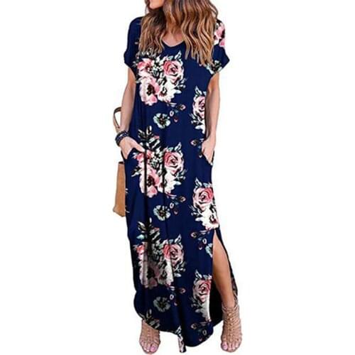Elegant Boho Floral Maxi Dress Summer Women V-Neck Short Sleeve Irregular Hem TShirt Long Dresses Casual Beach Dress Vestido 5XL