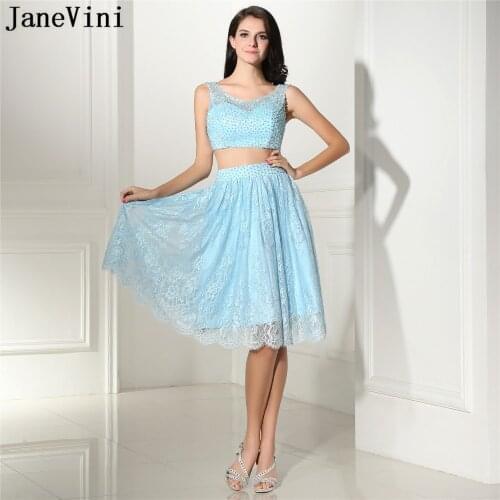 JaneVini Elegant Light Sky Blue Lace Two Pieces Prom Dresses Scoop Neck Beading Backless A Line Knee Length Formal Party Gowns