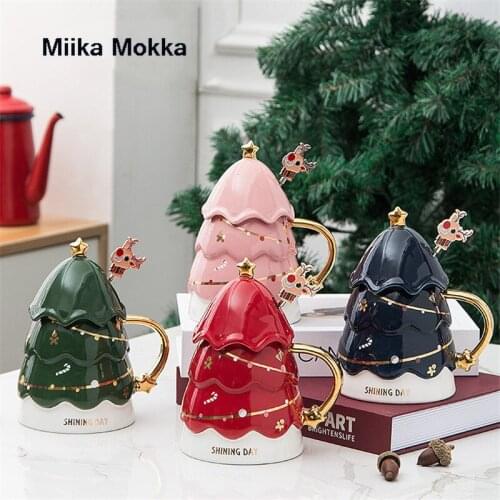 European Ceramic Christmas Tree Design Coffee Mug with Lid and Spoon Porcelain Couple Milk Mug Cute Office Tea Cup Drinkware