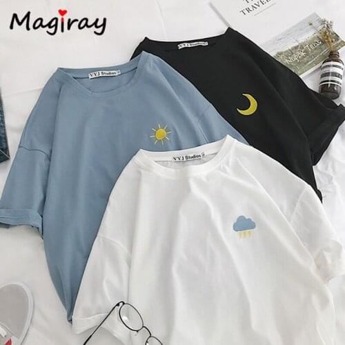 Magiray Harajuku Cute T Shirt Women Drop Sleeve Moon Sun Cartoon Embroidery Kawaii Korean Tumblr Female Top Casual Tee Shirt 472