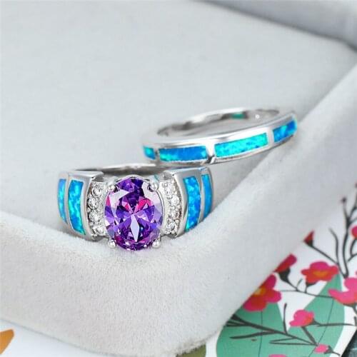 Dainty Blue Opal Wedding Ring Sets Luxury Female Purple Oval Crystal Ring Classic Zircon Silver Color Engagement Rings For Women