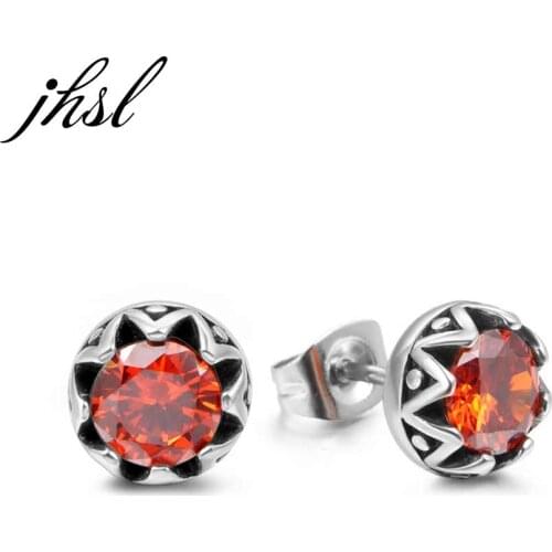JHSL Trendy Black Red Stone Stud Earrings for Men Stainless Steel High Polishing Good Quality Fashion Jewelry