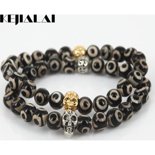 KEJIALAI High Quality Natural 8mm Eyes Round Stone Beads Men Bracelet Beaded Skull Head Women Stretch Charm Bracelet A0447