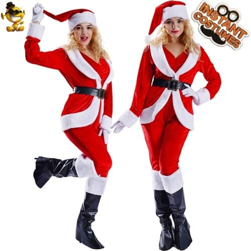 Christmas Adult Women Santa Claus Outfits Cosplay Xmas Jumpsuit with Coat Dress Up S M L Carnival Costumes