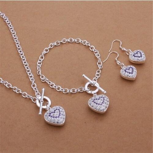 925 sterling Silver beautiful heart crystal pendant necklace bracelet earrings Jewelry sets for women Fashion Party wedding Gift