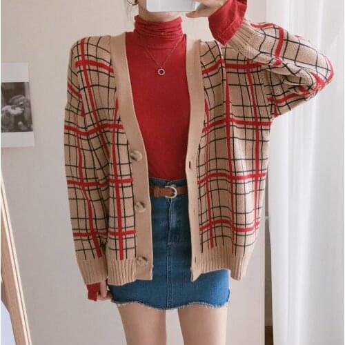 Korean Ghost Horse Vigorous Girl Playful Loose Casual Fashion Vintage Lattice Single Breasted Sweater Coat