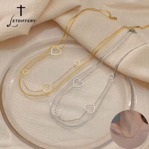 Letdiffery Elegant 2 Layers Hearts Women Choker Silver Gold Color Stainless Steel Blade Chain Necklace New Style Jewelry Femme