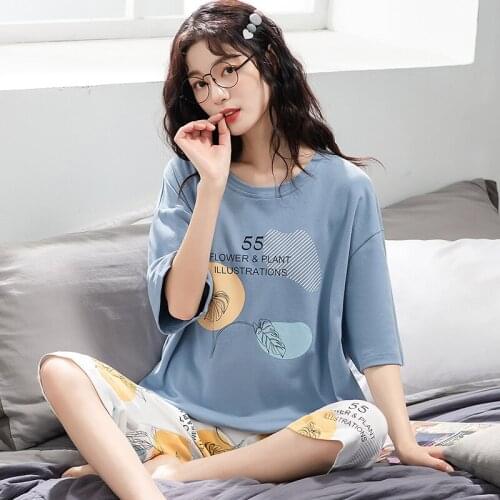 Summer Pajamas Set For Women Korean Plus Size 5XL Sleepwear Floral Print Blue Short Sleeve Tops With Calf-Length Pants Homewear