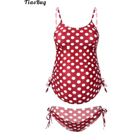 Summer 2Pcs Pregnant Women Maternity Polkas Dots Print Tankini Set Sleeveless Removable Pads Swimming Top With Low Wait Briefs