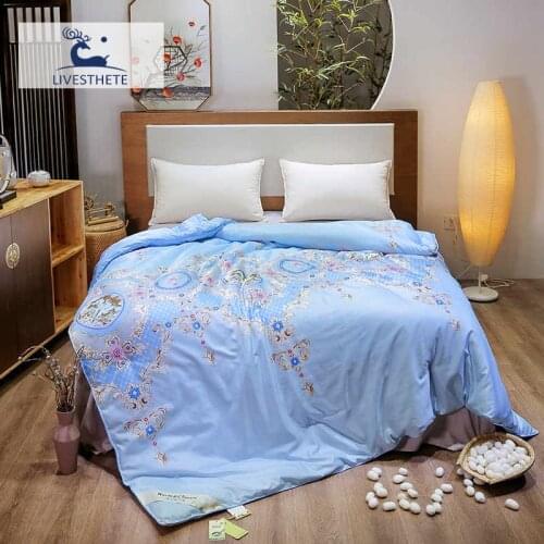 Liv-Esthete European Court 100% Silk Healthy Blue Duvet Comforter Filled Silk Four Seasons Blanket Double Queen King Quilts