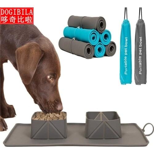 Pet Bowl Silica Gel Fold Pet Bowl Antiskid Dog Double Bowl Plush Cloth Bag Dog Bowl Outdoor Pet Portable Dog Bowl Food