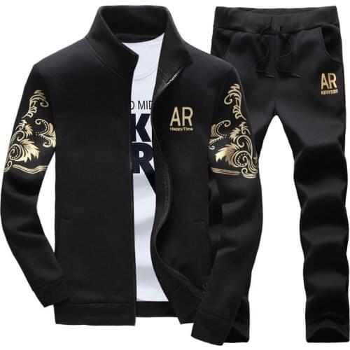 Mens Tracksuit Print 2 Piece Set Spring Autumn Sportswear Mens Fitness Sweatshirt Stand Collar Jacket+Pants Men Sweatsuits 2021