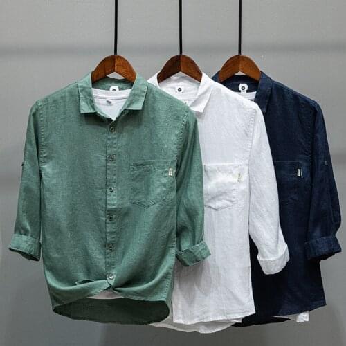 New Design Mens Shirt 100% Linen Soft Long Sleeve Camicia Solid Color Slim Fit High Quality Navy white Man Shirts Brand Clothing