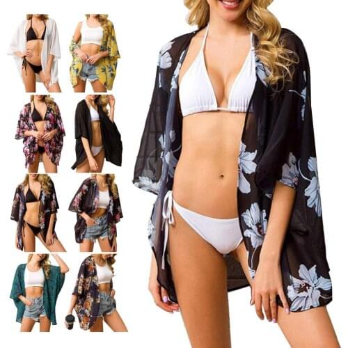 Beach Coverups for Women Floral Print Half Sleeve Chiffon Cardigan Coverup Sun Screen Coverups Women Swinsuit Bikini Cover up