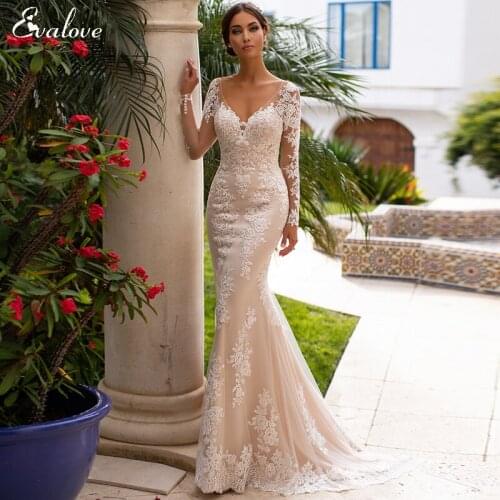 EVALOVE Sexy V-Neck Backless Bride Mermaid Wedding Dress Gorgeous Full Sleeve Appliques Court Train Custom Princess Bridal Gown