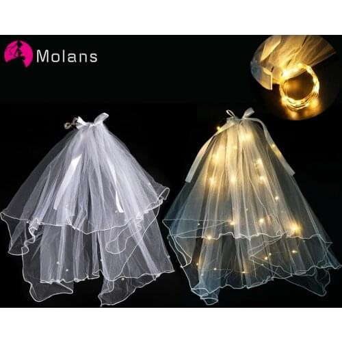 Molans Glow Pearl Short Tulle Wedding Veils Two Layer With Comb Led White Bow Bridal Veil for Bride for Marriage Hair Accessorie