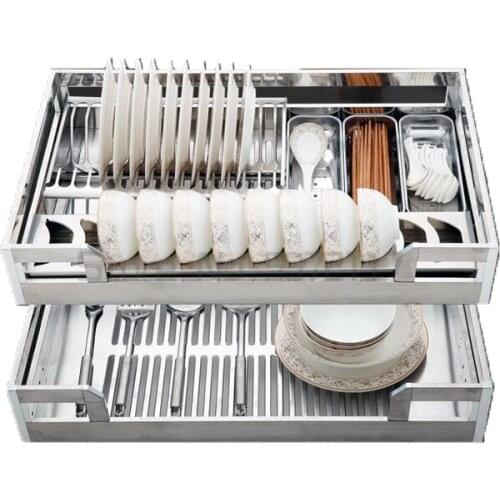 Pull basket kitchen cabinet 304 stainless steel double buffer drawer kitchen cabinet seasoning dish bowl basket