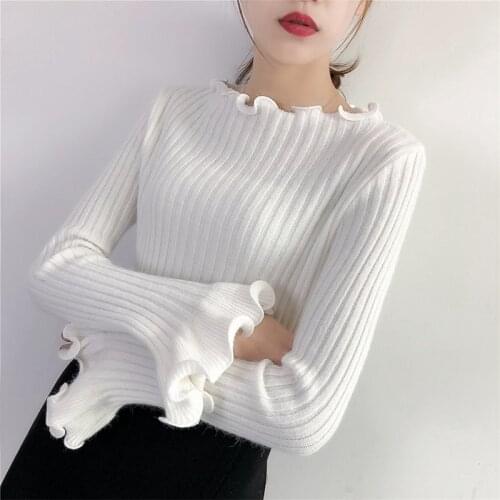 2018 Fashion Ruffles Women Spring Autumn Short Knitted Shirt Female Flare Sleeve Pullovers Soft Ruffled Collar Slim Sweate